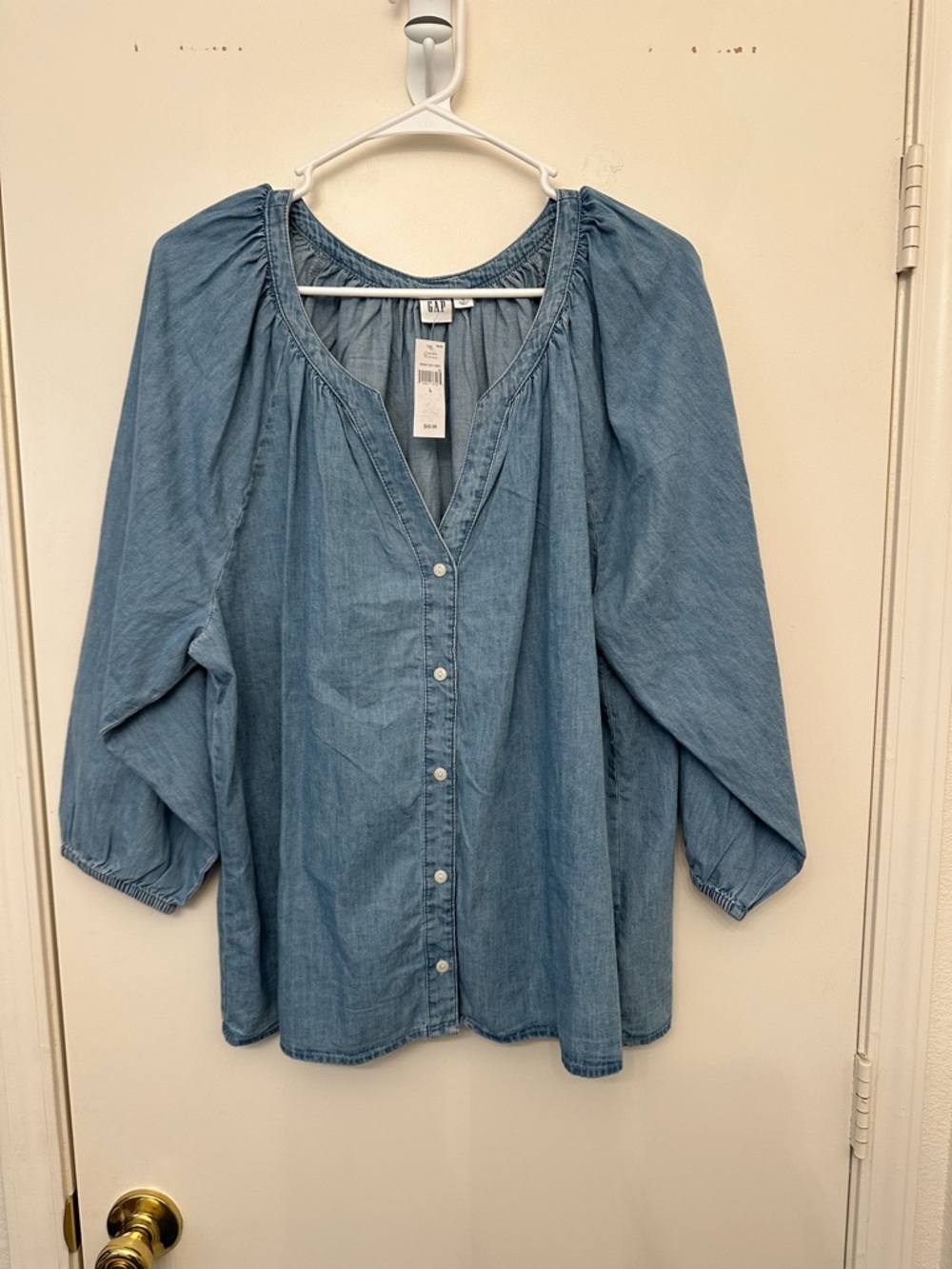 GAP Light Denim Button-Down Peasant Blouse